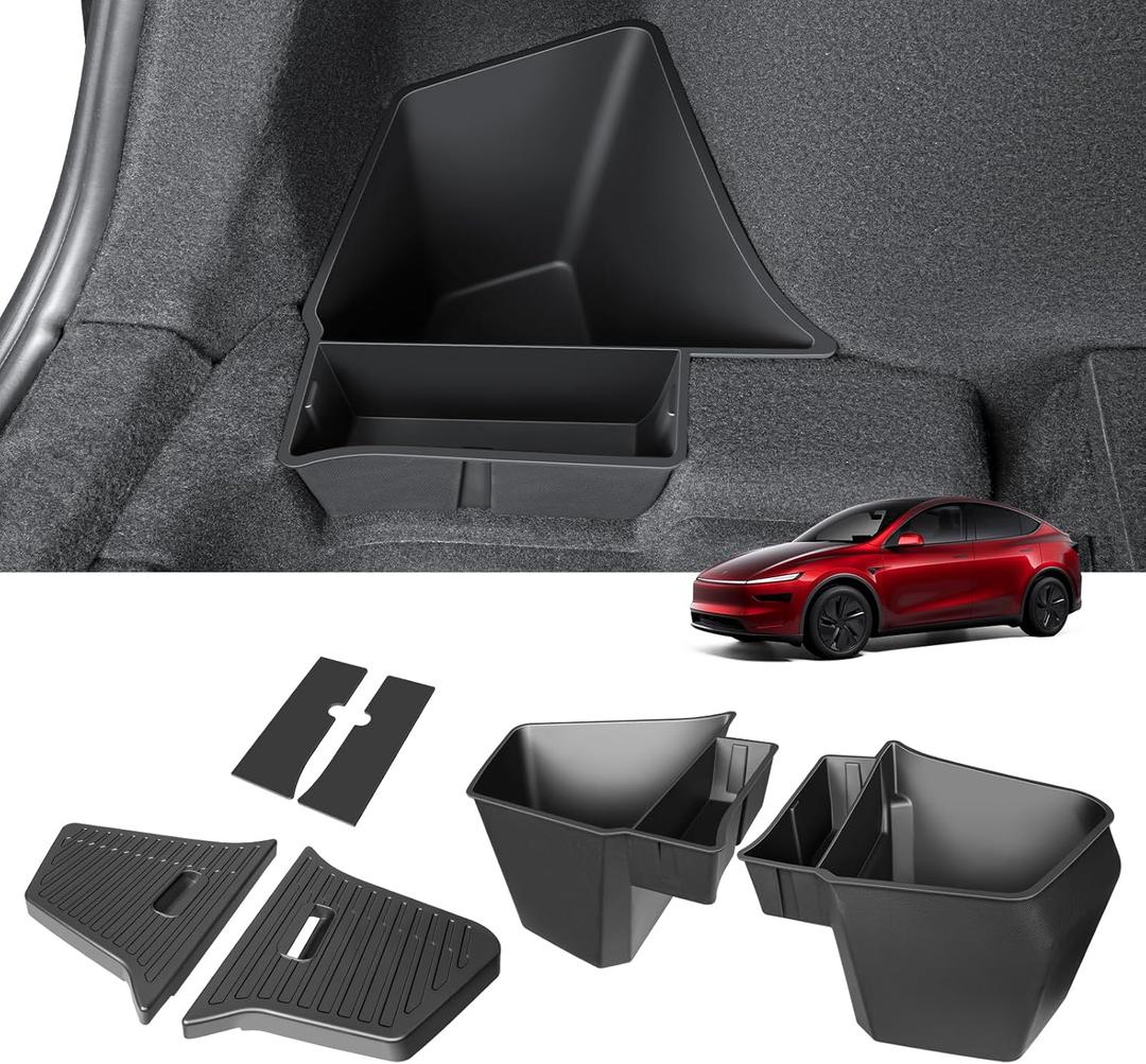 2PCS Rear Trunk Storage Bins with Lids for Tesla Model Y Juniper 5 Seater,TPE Side Cargo Organizer Boxes Rear Trunk Containers for New Tesla Model Y 2025-2026 Accessories
