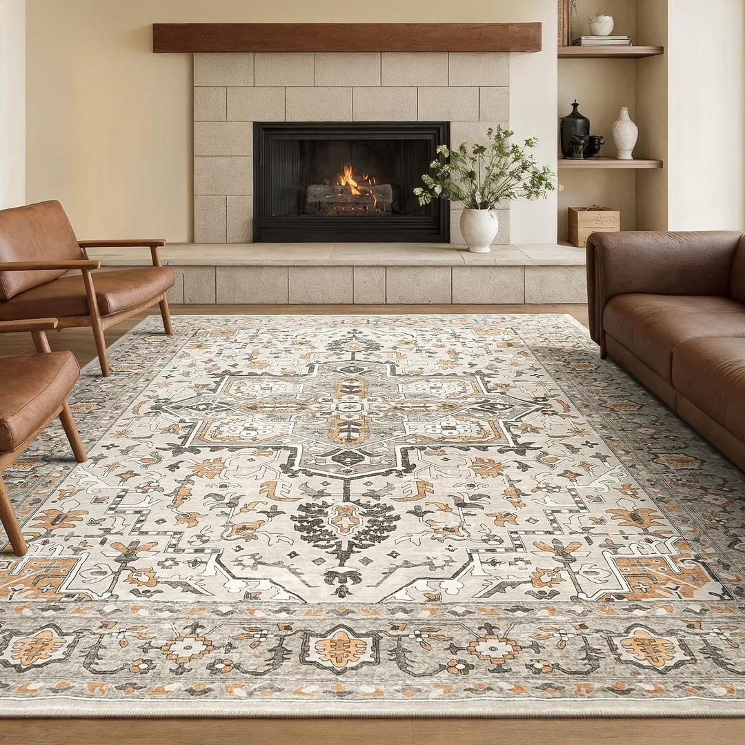 Rugflix 6 * 9 Washable Area Rug for Living Room, Soft Non Slip Low Pile Carpet, Vintage Taupe Brown Stain Resistant Rugs for Bedroom, Dining Room, Home Office, Farmhouse