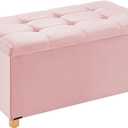 YOUDENOVA 30 Inches Folding Storage Ottoman Bench, Velvet Storage Chest, Footrest Couch with Wooden Legs, Support 350lbs for Bedroom, Living Room, Hallway, Pink, Clearance, 30"D x 15"W x 16.8"H
