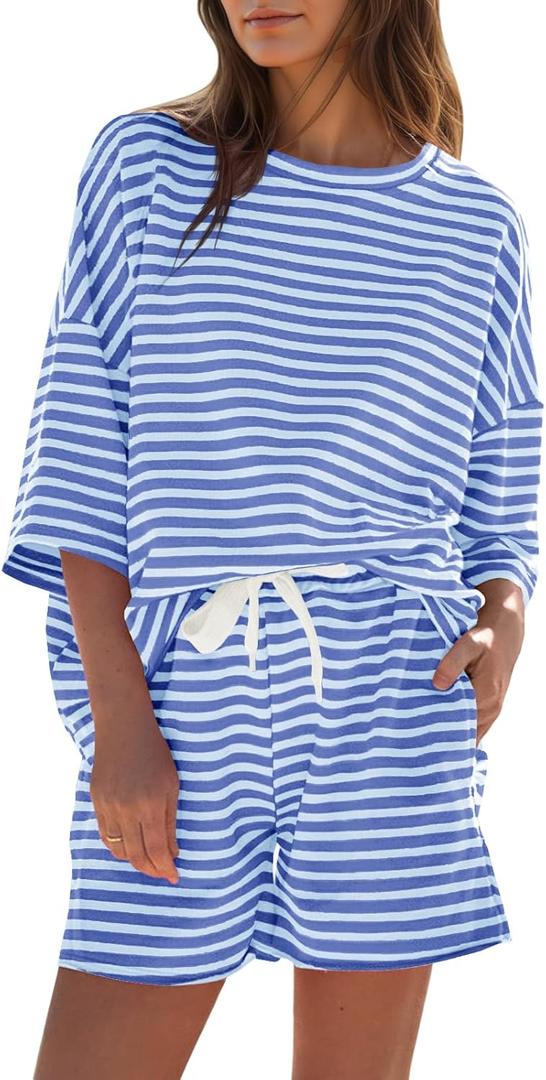 Fisoew Womens Striped 2 Piece Outfits Sweatsuits 3/4 Sleeve Oversized Tops High Waisted Shorts Casual Lounge Sets (Blue, Large)