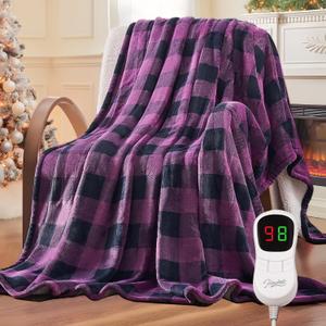 Homemate Electric Blanket Heated Throw - 50x60 Ultra Soft Cozy Flannel Heating Blanket with 10 Fast Heat Levels 8 Hours Auto Off Over-Heated Protection ETL Certification Keep Warm in Home Office (Purple-black)