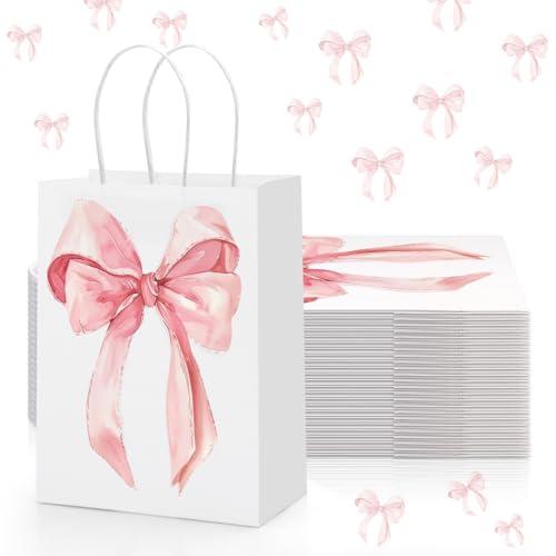Draupnir 23PCS Coquette Pink Bow Paper Gift Bags, Party Favor Bags, Pink Goodie Bags for Birthday&Bachelorette Party Decoration Coquette Bow Gift Pouches with Handles 8.3x5.9x3.1 Inch