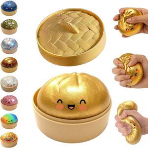 hepanio Glitter Dumpling Squishy, Dumpling Squishies, Glitter Dumpling Mystery Box, Colorful Dumpling Stress Balls Fidget, Jumbo Squishy Toy with Steamer Box, Soft Squeeze Decompression Dough (Gold)