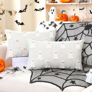 Fanfanwin Set of 2 12 x 20 Inch Halloween Ghost Pillow Covers Handmade 3D White Cute Ghost Throw Pillow Halloween Cotton Linen Cushion Case for Chair Sofa Bedroom Living Room Home Decor