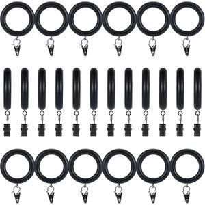 24 Pack Wooden Curtain Rod Rings with Drapery Clips Farmhouse Beech Wood Drapes Rings 1.8 Inch Interior Diameter Rustic for 1.4 Inch Curtain Rod Pole (Black, Inner Dia 1.8 in)