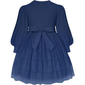 Toddler Girl Tulle Dress Puff Long Sleeves Tutu Dresses with Tie Belt for Princess Brithday Party 5-6T