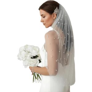 Wedding Bridal Veil, 1 Tier Soft Tulle Pearl Veils for Brides, With Metal Comb Veils for Women Wedding (White-39 Inch)