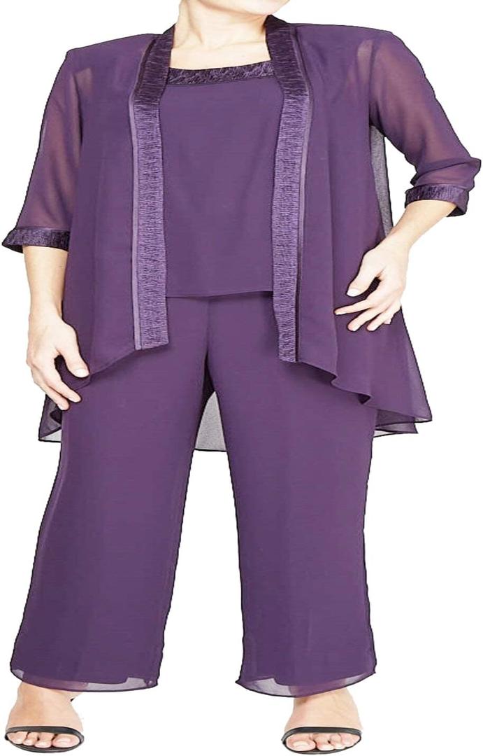 Le Bos Women's Plus Size FORTUNY Trim Long Jacket Pant Set, Eggplant, 24W