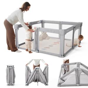 Foldable Baby Playpen,Portable Indoor & Outdoor Playpen for Babies and Toddlers,59”x59”Extra Large Play Pen with Gate,Collapsible Baby Fence with Travel Bag(Cationic Light Grey)