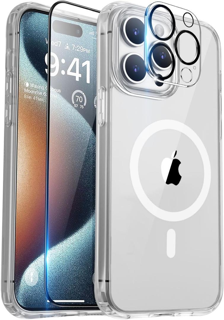 BossKiss Compatible with iPhone 15 Pro Case, [Compatible with Magsafe] [Screen+Camera Protector] Magnetic Translucent Matte Women Men Girl Protective Cover for iPhone 15 Pro 6.1", Clear