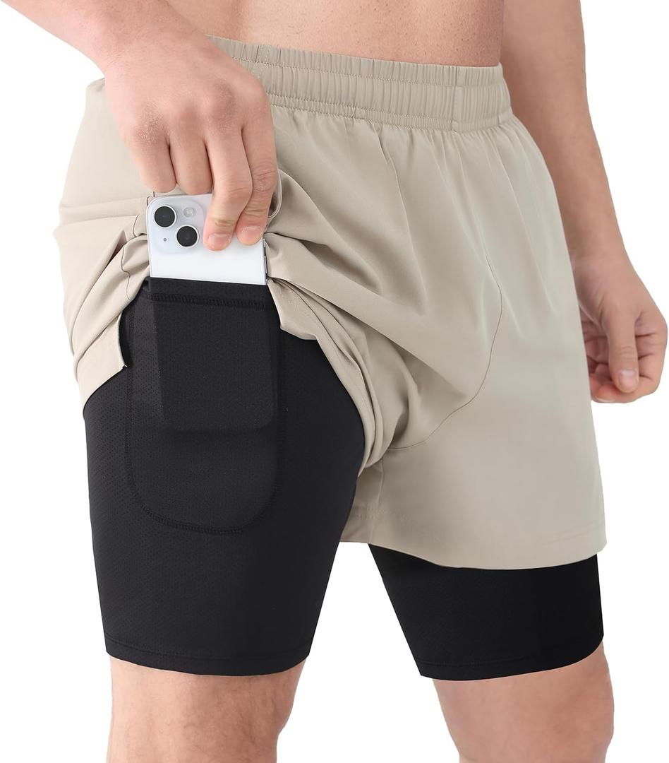 Cosmolle Men's 2-in-1 Quick-Dry Workout Shorts Built-in Liner Elastic Waistband Multi-Pocket Design for Gym Basketball (Beige, XL)
