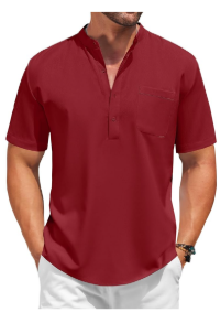 COOFANDY Men's Casual Henley Shirt Short Sleeve Summer Beach Band Collar Shirt Hippie Henley T-Shirts with Pocket, M