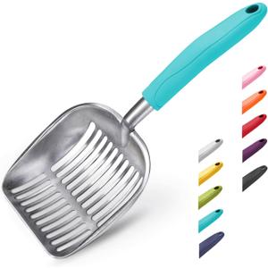 WePet Cat Litter Scoop, Aluminum Alloy Sifter, Kitty Metal Scooper, Deep Shovel, Long Handle, Poop Sifting, Kitten Pooper Lifter, Durable, Heavy Duty, for Litter Box (Large, FLAT Aluminum \ #02 Turkish Blue Handle)