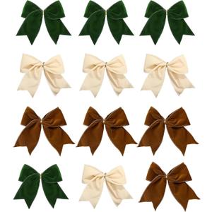 12 Pcs Velvet Christmas Bows 6Inch - Rustic Gift Bows for Wreaths, Tree, Garland Decor and Present Wrapping (Milky White,Brown,Green)
