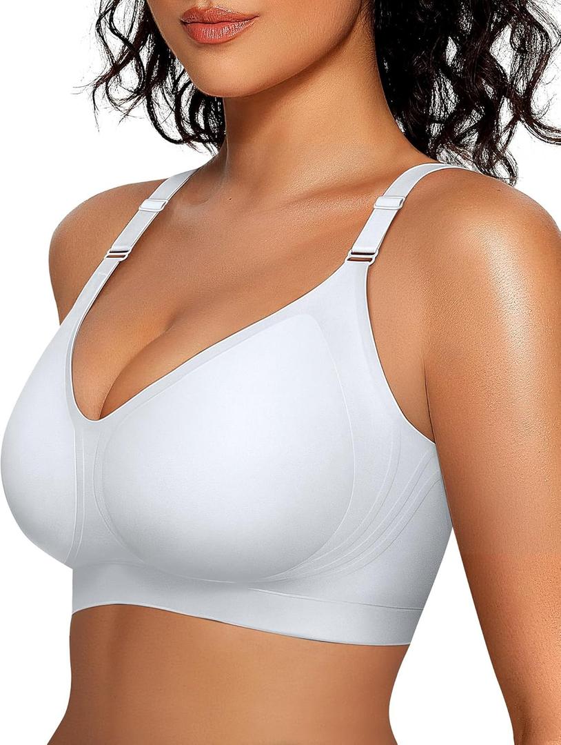 OEAK Womens Seamless Bras Comfortable Bra No Underwire Full Support Bralette Push Up Plus Size V Neck Sleeping Tshirt Bras (X-Large, White)