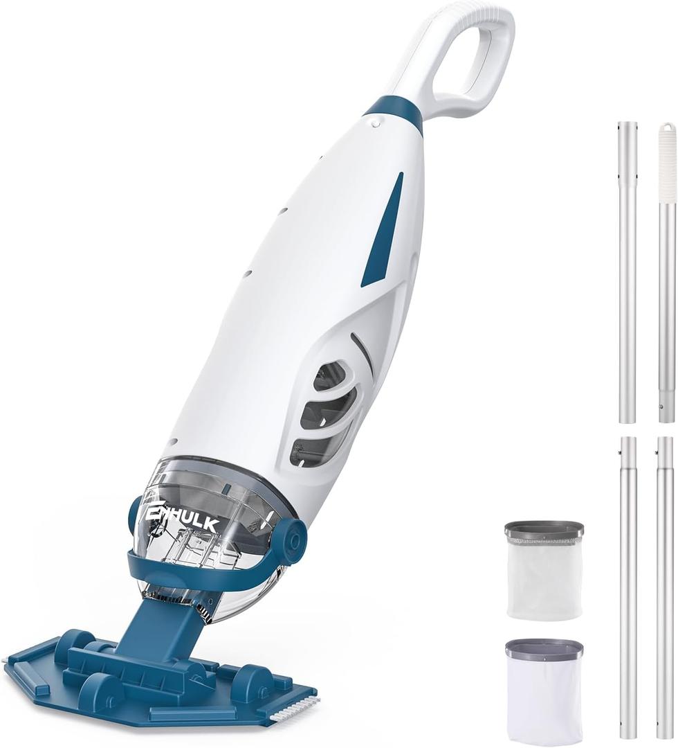 ENHULK Cordless Pool Vacuum with 6' Extension Pole, Upgraded 26.5 GPM Beast-Level Suction, 2 Filters, 1H Runtime, Handheld Rechargeable Pool Cleaner for Above Ground & Inground Pools, PC68