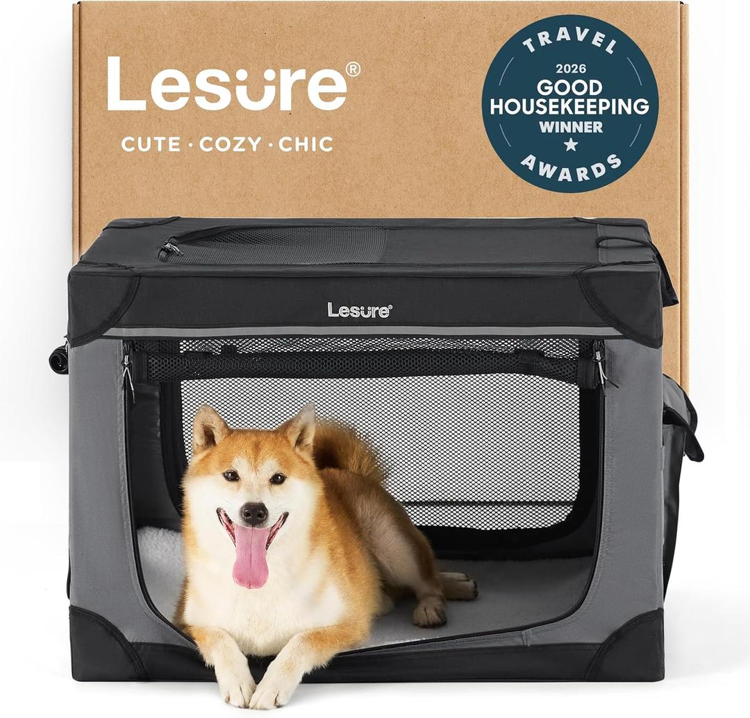 Lesure Shown on TODAY Show Soft Collapsible Dog Crate - 30 Inch Portable Travel Crate for Medium Dogs Indoor & Outdoor, 4-Door Foldable Pet Kennel with Mesh Windows, Black