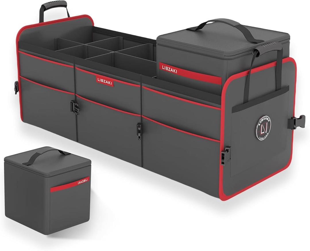 LIBZAKI Car Trunk Organizer,3 Compartments Big Trunk Storage, Large Capacity, Foldable, 95L Heavy Duty Storage Box for Car, SUV, Truck,Jeep, Includes 26L Cooler Bag-Black (Oversize With Built-in Cooler Bag)