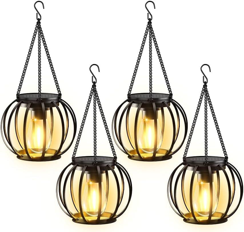 KOOPER Solar Lanterns Outdoor Waterproof, 4 Pack Upgraded Metal Hanging Solar Lights Outdoor Lanterns, Brighter Auto On/Off Outdoor Hanging Lantern for Yard Patio Pathway Porch Garden Decor Black