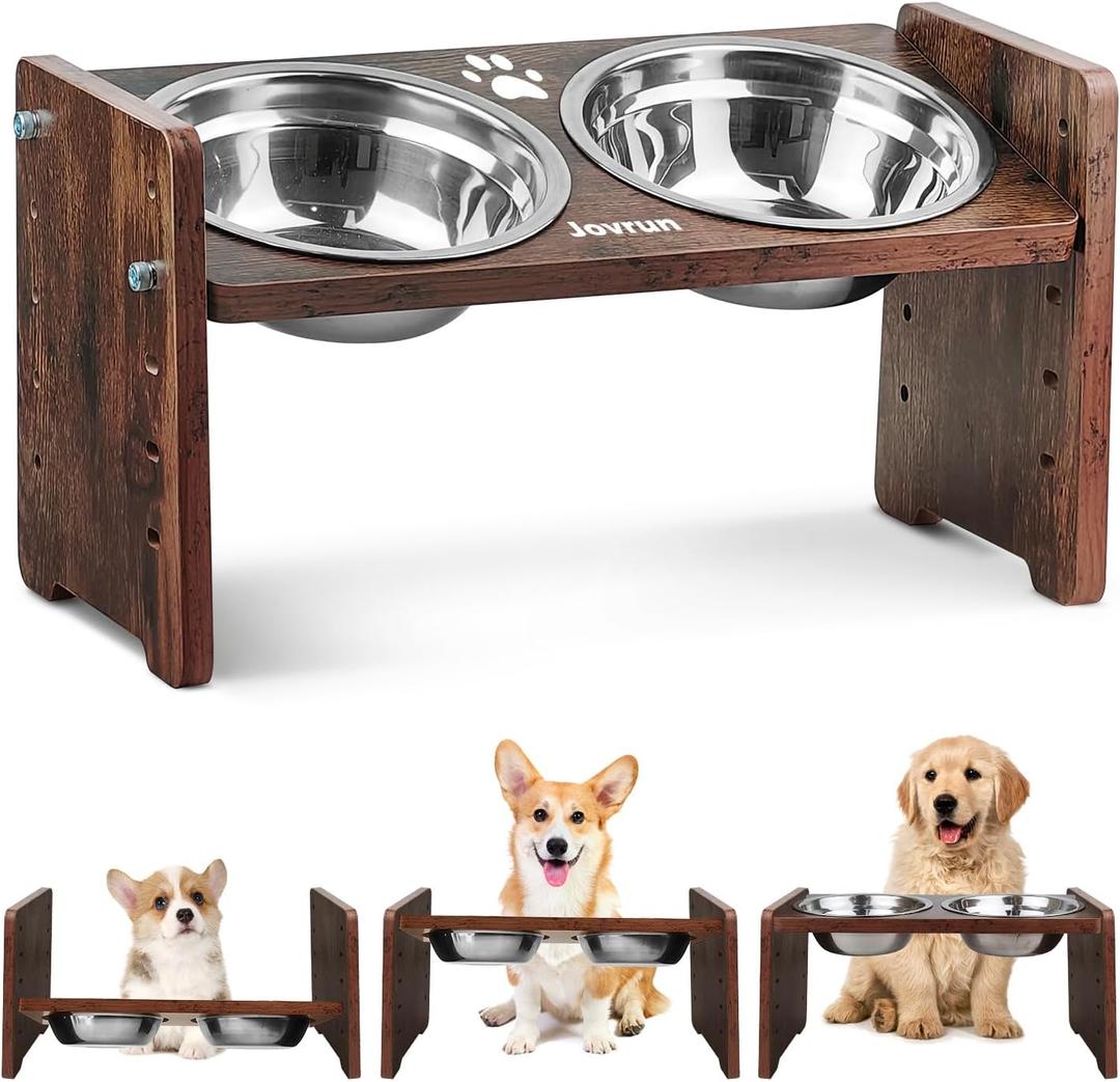 Elevated Dog Bowls, Adjustable Raised Dog Bowl Stand for Small Size Dogs and Cats, Durable Bamboo Dogs Feeder with 2 Stainless Steel Bowls and Non-Slip Feet, Pet Food Bowl for Small Sizes (Rustic Brown)