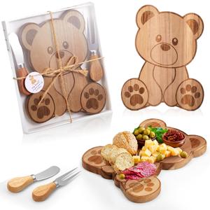 Ziliny 1 Set Baby Shower Prizes Bear Shaped Cheese Board with Cheese Knives and Forks Baby Shower Party Favors Gift Box for Wedding Bridal Birthday Gender Reveal Favor (Acacia Color)