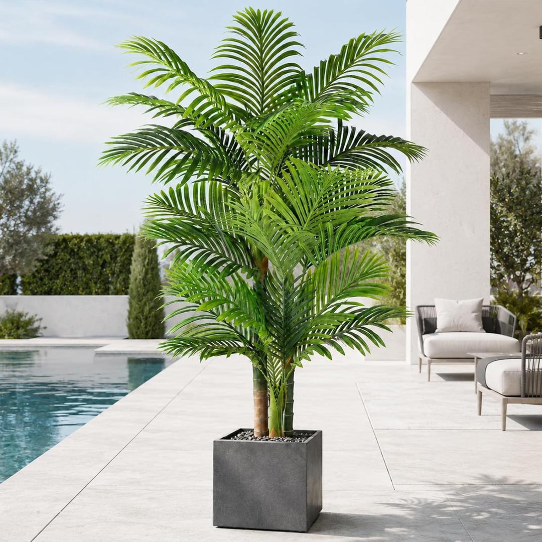 6ft Tall Triple Golden Cane Palm Artificial Tree Large Tropical Palm Tree UV Resistant Fake Plant in Pot for Indoor Outdoor Big House Living Room Outside Patio Office Home Decor, Pack of 1