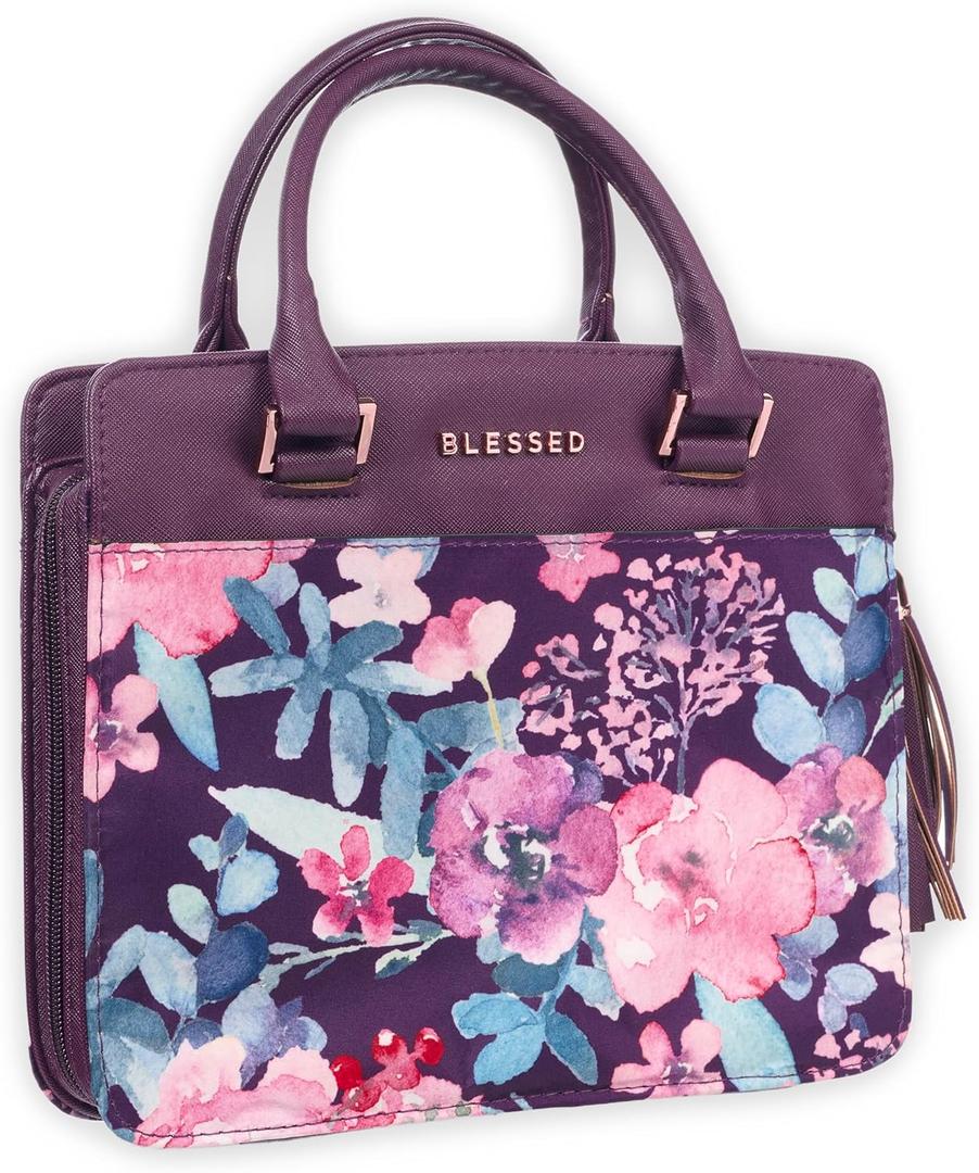 Christian Art Gifts Women's Fashion Bible Cover Purse Style Blessed, Purple Floral Faux Leather, Medium