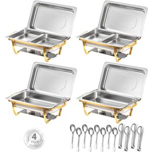 Chafing Dishes for Buffet, 8 Qt High Grade Chafing Dish Buffet Set, Rolled-Edge Design Food Warmers for Parties, Buffet, Wedding, Birthday, Camping 4 Pack 6 Pans [Half Gold]