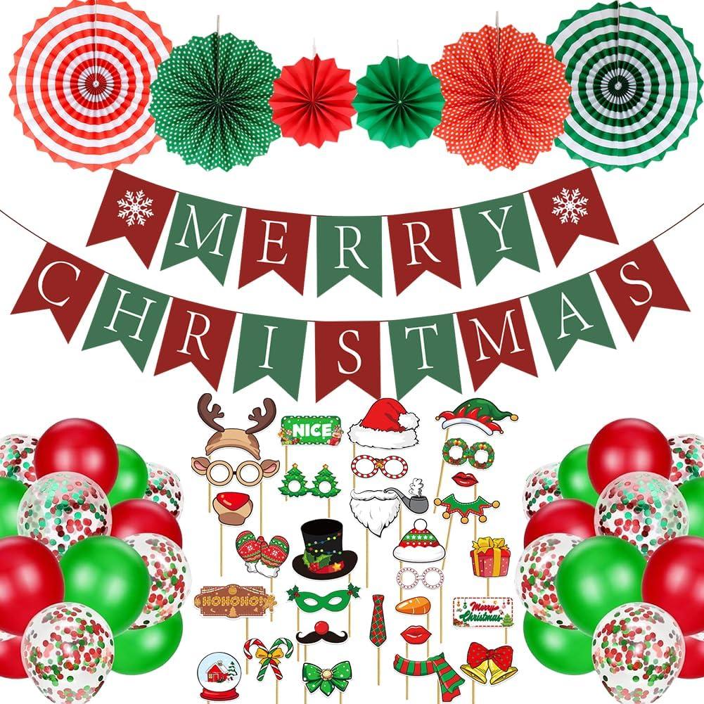 Christmas Party Decorations, Xmas Decorations Merry Christmas Banner Paper Fans Photo Booth Props Kits Party Favors Supplies for Wall Home Class Office Decor, Green Red