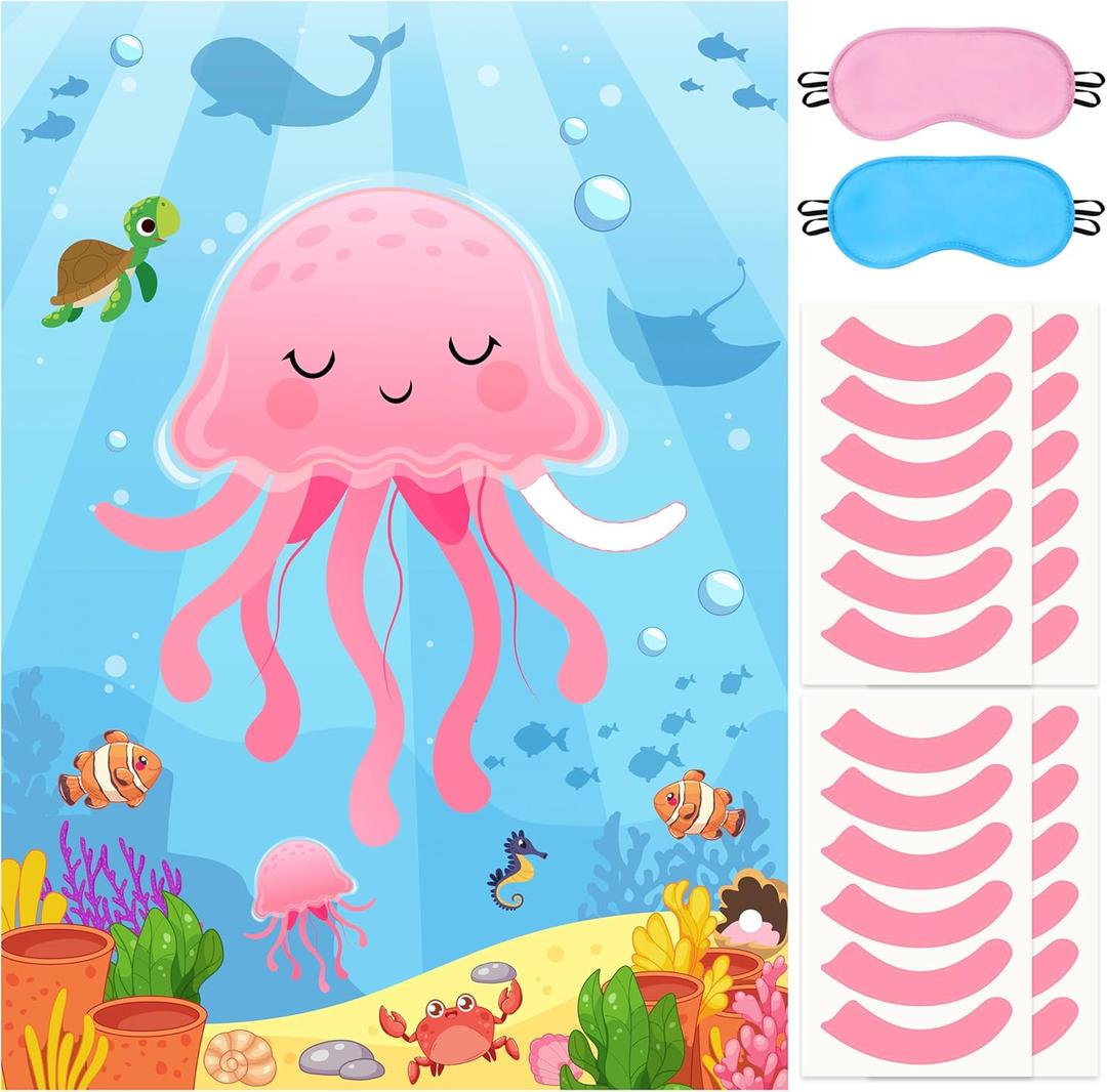 Pin The Tentacle On The Jellyfish Game Under The Sea Themed Poster with 24 Stickers Blindfolds Fun Ocean Animal Entertaining Classroom Activity for Kids Birthday Party Decorations Supplies Wall Decor