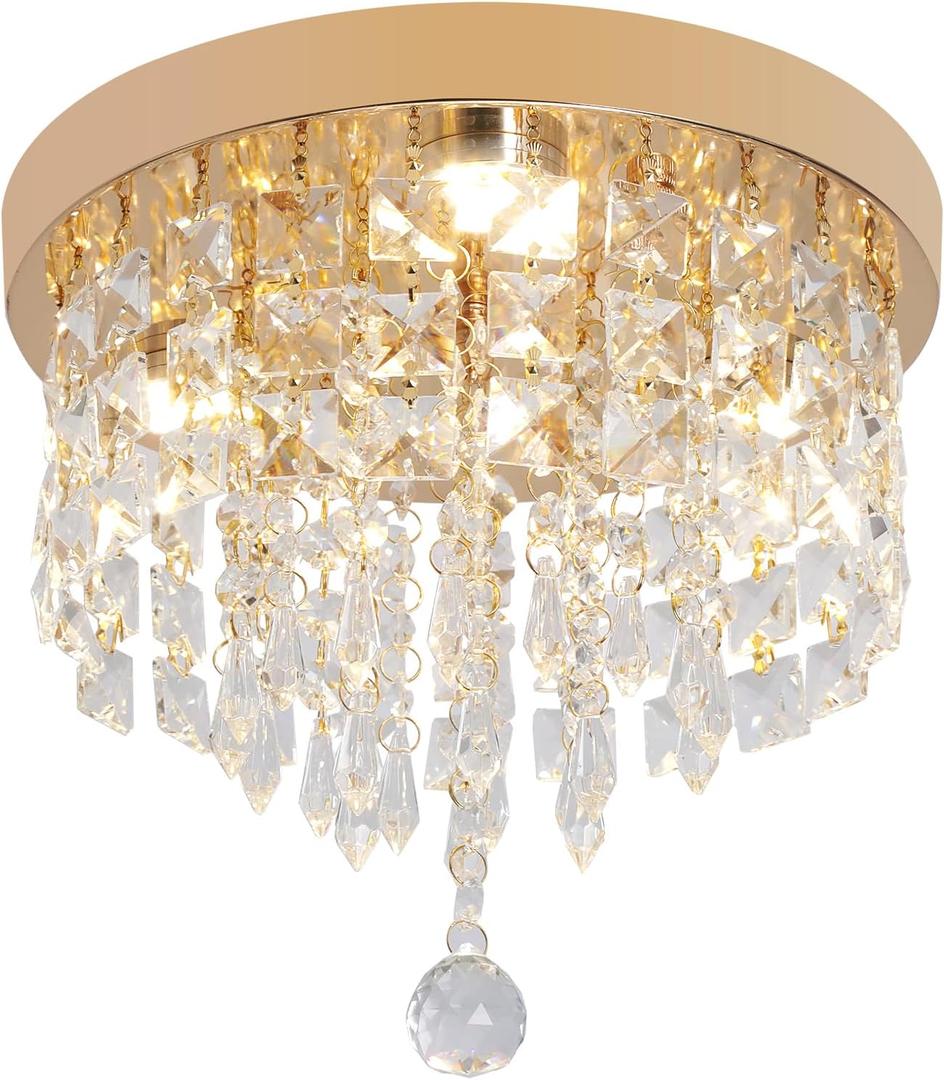 Deckrico Gold Crystal Chandelier Flush Mount Ceiling Light  Modern LED Lighting Fixture for Bedroom, Closet, Bathroom, Hallway  Warm Light