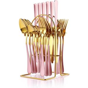 24 Pieces Silverware Set, Caliamary Stainless Steel Flatware Set with Silverware Holder Spoons Forks Knives,Utensils Set Service for 6,Gold Mirror Polished and Matte Pink Painted (Pink)