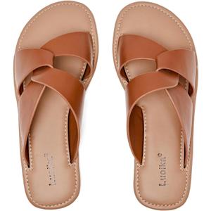Luoika Women's Wide Width Flat Slides Sandals, Strapy Slide Sandal Slip on Dressy Summer Shoes for Women. (11.5 X-Wide, Tan 901)
