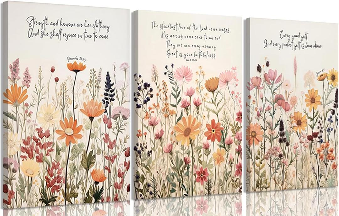 3Pcs Christian Floral Canvas Wall Art Prints Bible Scripture Wildflowers Paintings Flowers Pictures Wall Decor for Church Prayer Room Living Room Home Decoration 16x24IN