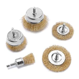 5 Pcs Wire Wheel Brush Set for Drill,Carbon Steel Wire Cup Wheel Coarse Crimped Abrasive Brass Coated Brushes with 1/4 Inch Hex Shank for Rust Remova,Corrosion and Scrub Surfaces
