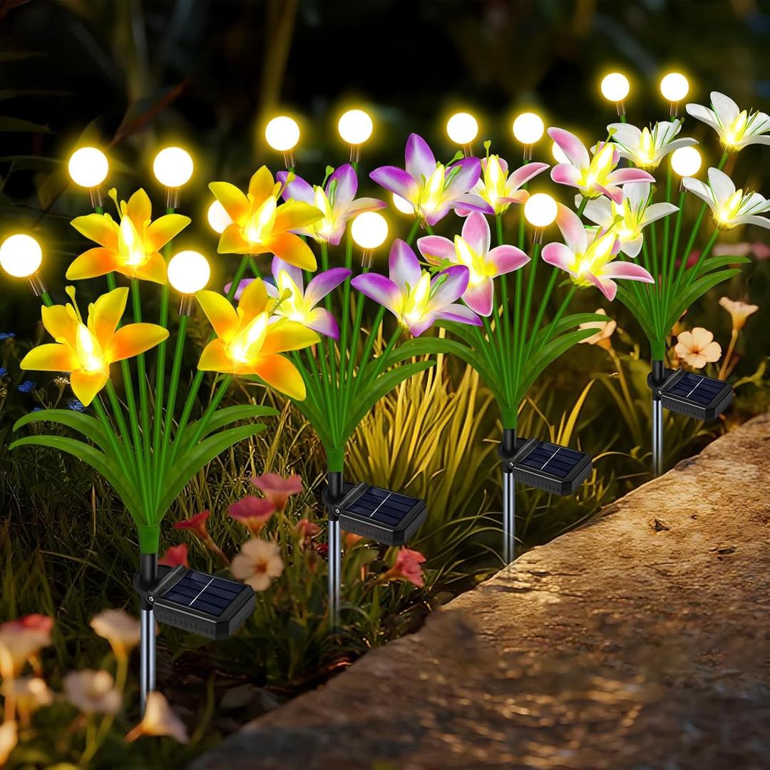 Solar Lights Outdoor Flowers Garden Decor,Firefly Lights with 4 Color Wild Lily Light, Solar Flowers Outdoor Waterproof for Patio Yard Gifts for Women Mom