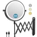 5000mAh Rechargeable Wall Mounted Makeup Mirror - 8 Inch Double Sided 1X/30X Magnifying Mirror with 3 Color Lights Dimmable Touch Screen, 360Swivel 19.6 Inch Extendable Accordion Bathroom Mirror