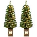 Goplus 4ft Pre-Lit Christmas Tree for Entrances, Set of 2 Artificial Potted Xmas Tree with 100 LED Lights, Timer, 3 Lighting Modes, 160 Branch Tips, Antique Urn Base, Porch Holiday Decor