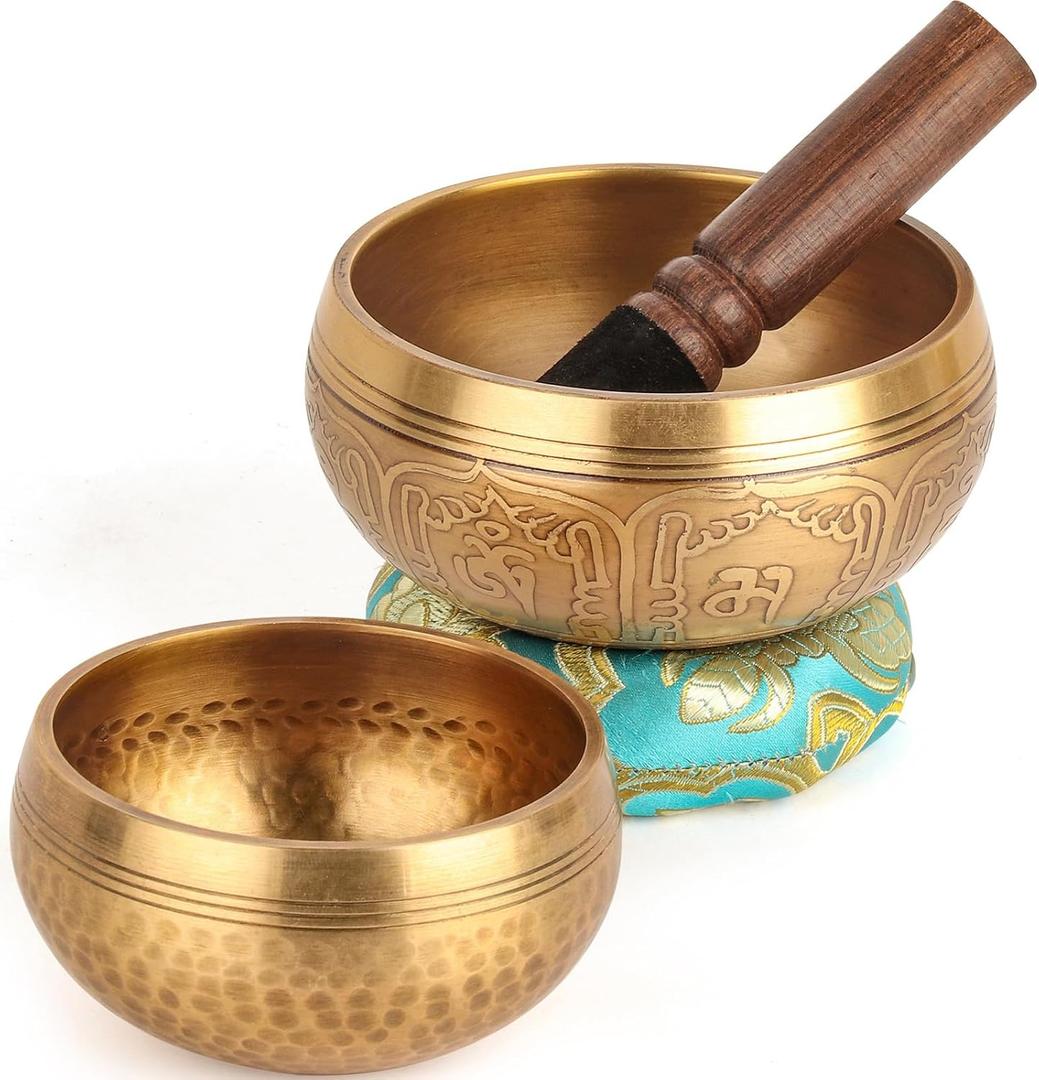 2-Pack Tibetan Singing Bowls Set - 100% Handmade in Nepal, Sound Bowl Meditation Set for Yoga, Chakra Healing, Meditation Gifts, Unique Gifts for Women (Blue, 3.15 + 4 inch)