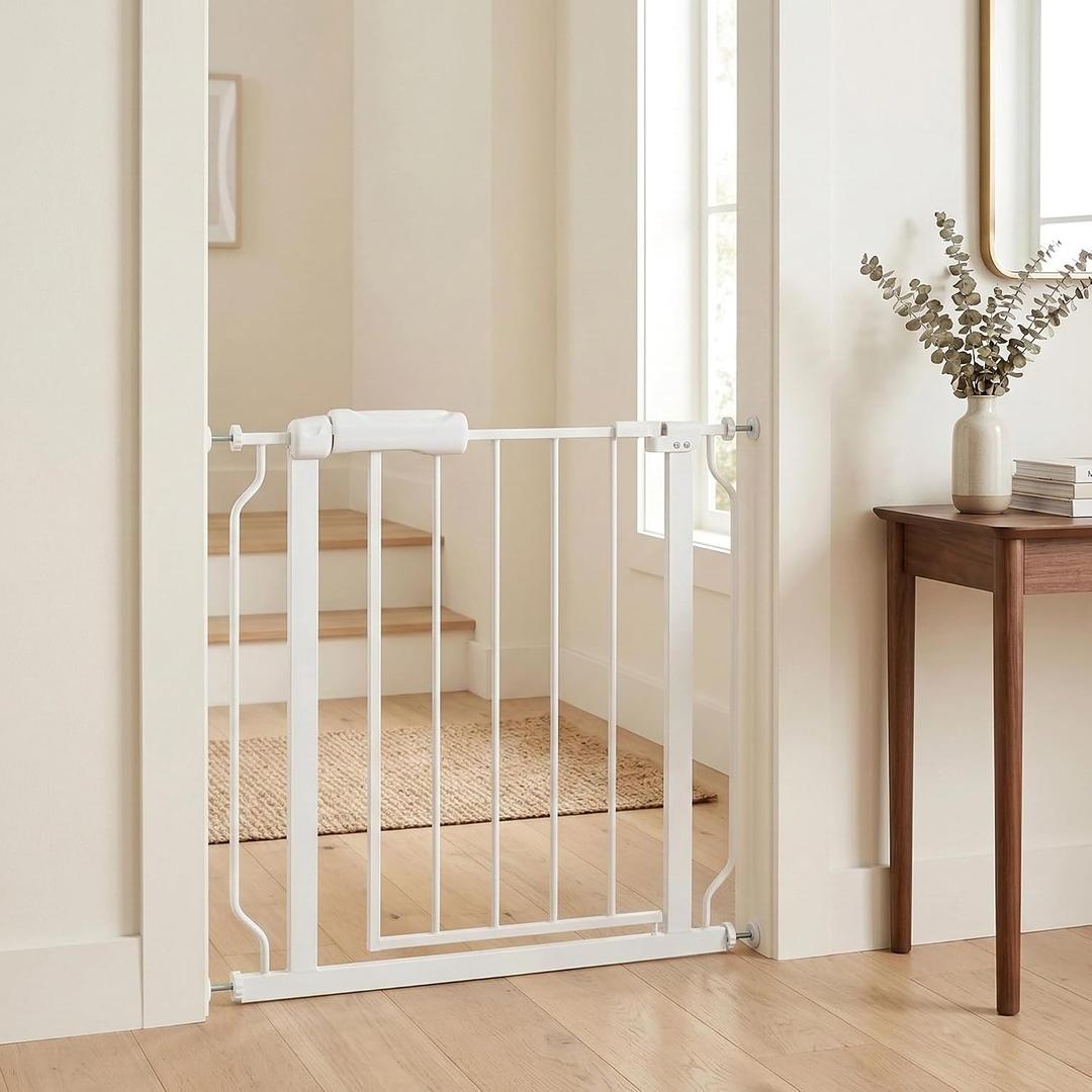 Narrow Baby Gate 24-29" Dog Gate Pressure Mounted Indoor Safety Gate for Stairs, Doorways, Hallways, No Drilling White Metal Pet Gate for Kids & Pets