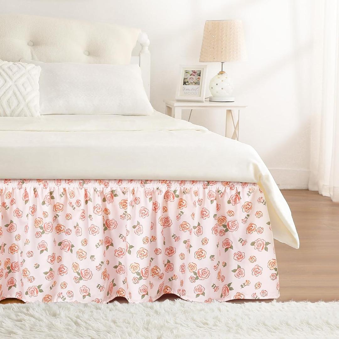RIMELA Pastel Rose Bed Skirt Queen Size 15 Inch Drop, Elastic Bed Skirting for Bed Frame, Bedding Dust Ruffle Easy to Install, Lightweight Wrap Around Adjustable Bedskirt,Bedroom Decor