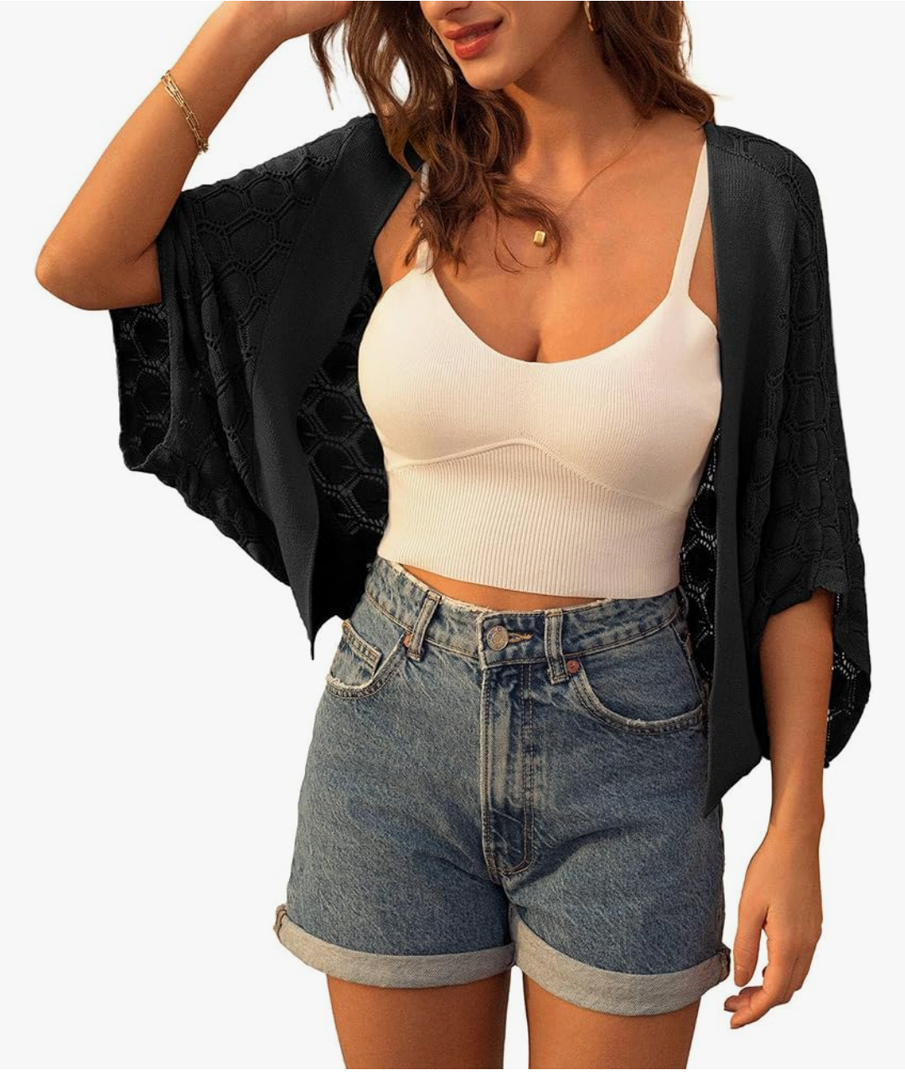 GRACE KARIN Womens Crochet Summer Cardigan Shrug 2025 Lightweight Open Front Hollow-out Batwing Cardigan Sweater Outwear, Black, L