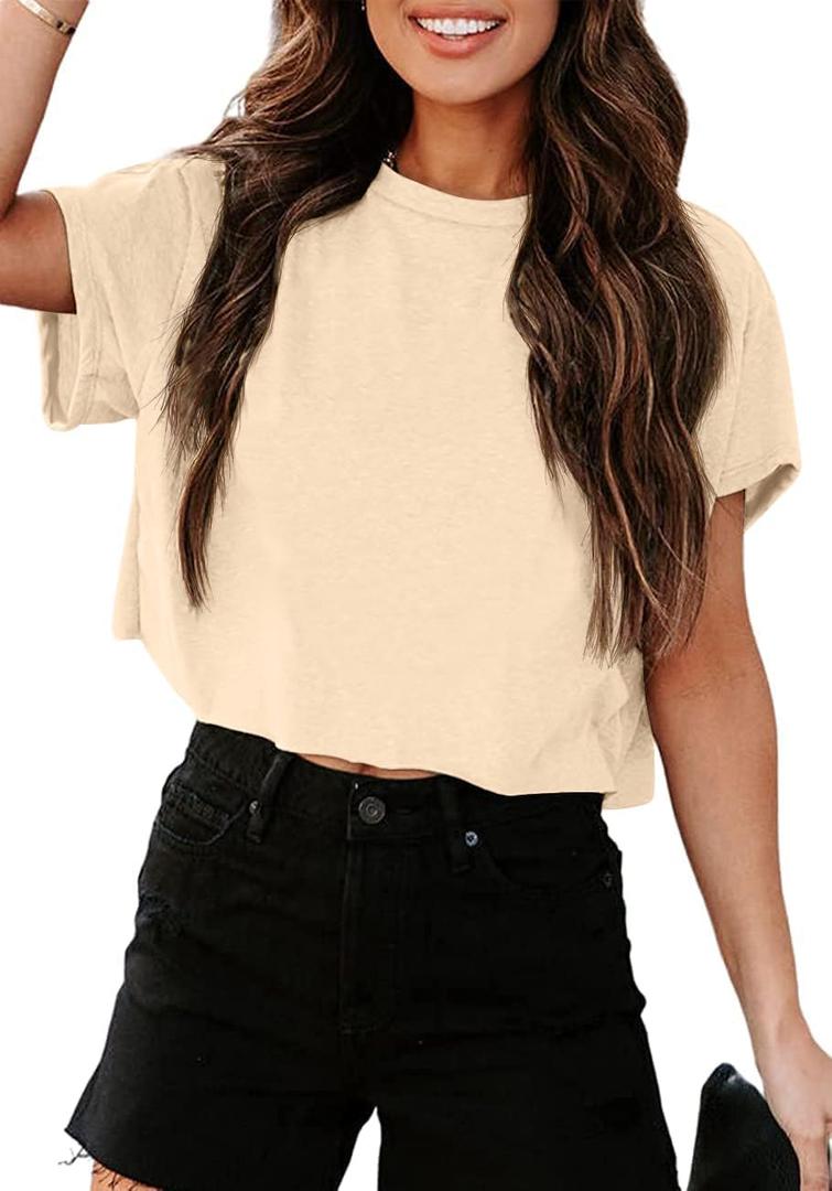 Tankaneo Women Short Sleeve Cropped T-Shirts Crew Neck Loose Crop Tops Summer Casual Drop Shoulder Basic Tees