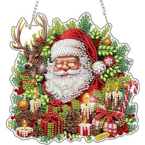 DOMROM Christmas Santa Claus Diamond Art Hanging Kits, Winter Holiday Reindeer Diamond Painting, Special Shaped Gem Art Suncatchers Ornament, Christmas Santa Decor for Home Window Wall
