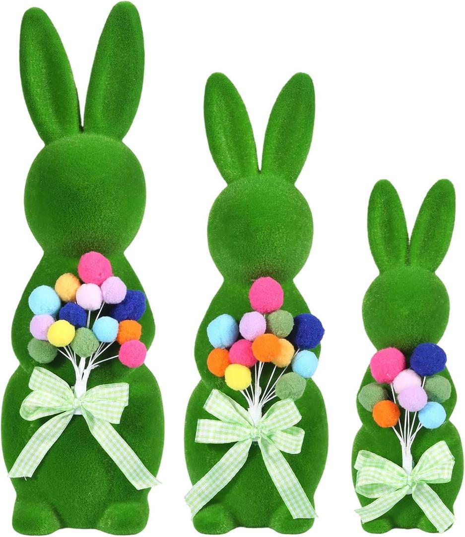 BrilliantJo Spring Decoration Figurines Decor Gift for Women Cute Moss Bunny Large Rabbit Kit Holding Balloons Set of 3(15", 13", 10") Green Desk Mother's Day Holiday Birthday for Home Office Garden
