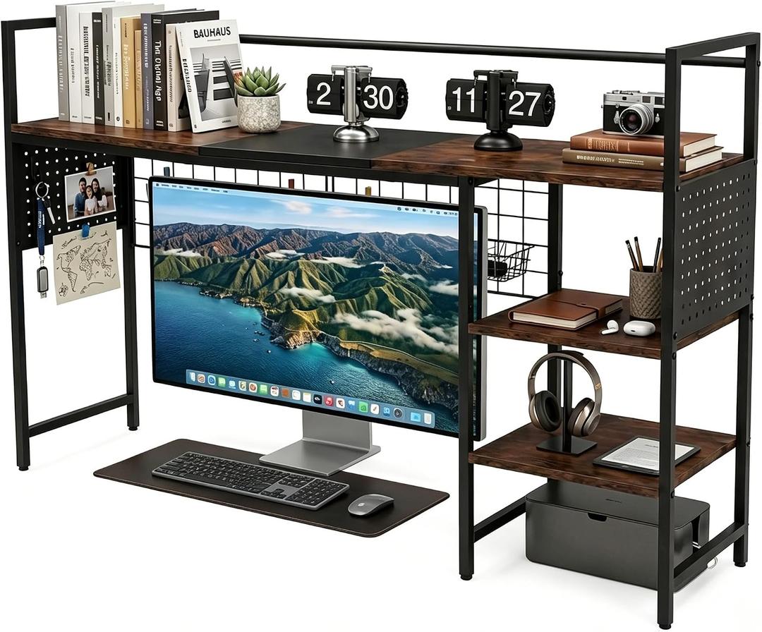 Desk Shelf Organizer with Pegboard & Hooks, Desk Hutch for Computer Monitor, Multi-Tier Wood Desktop Bookshelf Display Rack for Home Office Dorm Room (Vintage Brown, 50.39‘’)