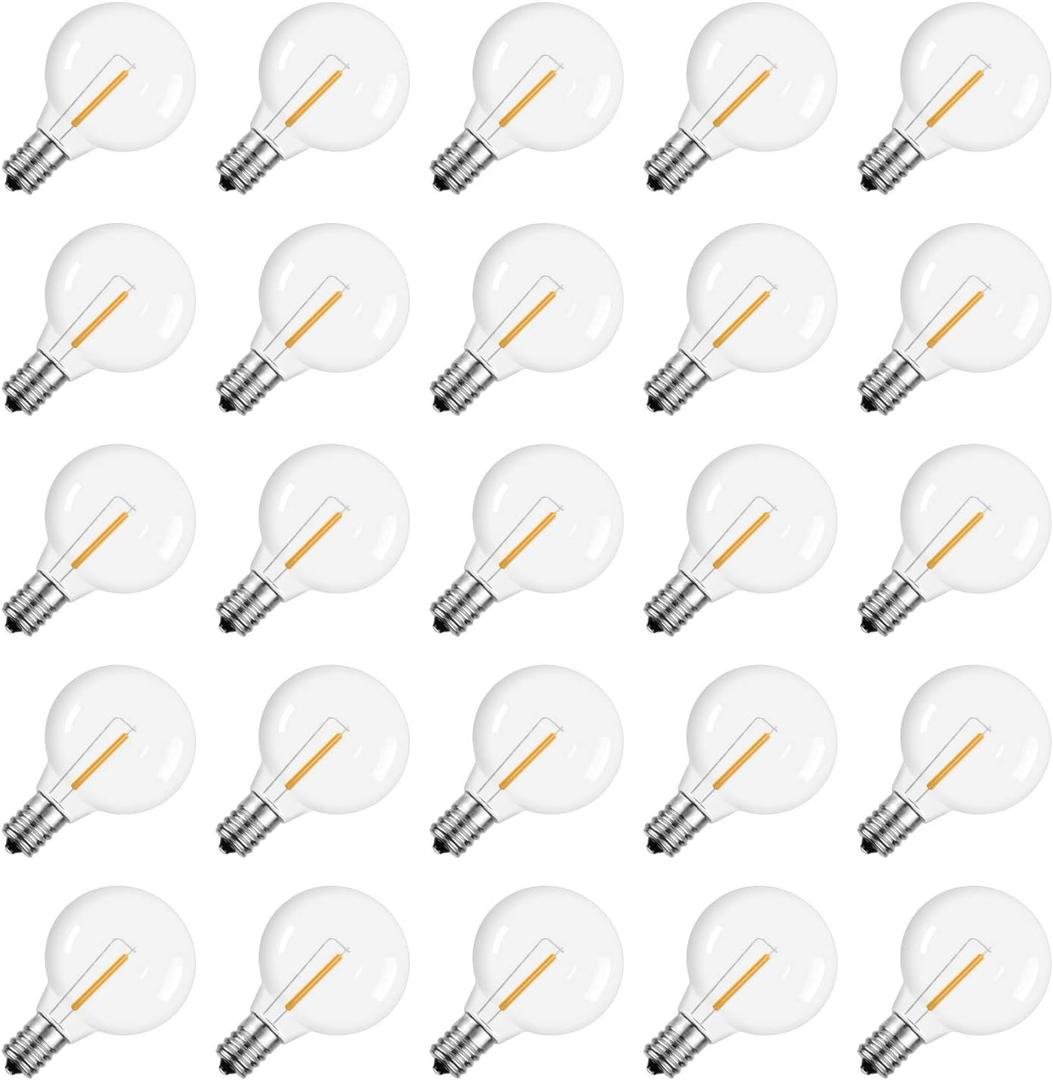 Meconard DC 3V Low Voltage, Solar Replacement Bulbs for G40 outoodr String Lights, Shatterproof 1W LED Bulb, E12/C7 Candelabra Screw Base, Warm White 2200K, 25Pack