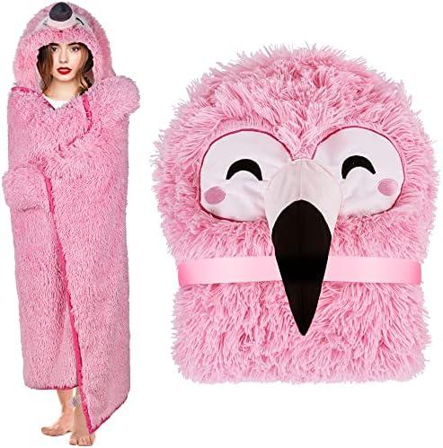 Flamingo Wearable Hooded Blanket for Adults - Fluffy Super Soft Shaggy Faux Fur, Fuzzy Warm Cozy Plush Furry Fleece & Sherpa Hoodie Throw Cloak Wrap - Flamingo Gifts for Women Adults and Kids, Pink, Size 52*60 inch