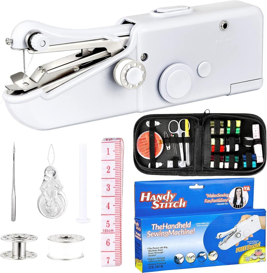 Handle Mini Sewing Machine Portable Hand Held Sewing Device Electric Mobile Knitting Machine with Sewing Kit Quick Stitch Tool Craft Supplies for Beginners Adults DIY Craft Clothes Fabric Stitching