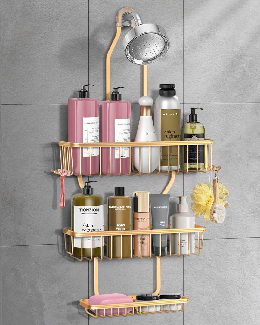 Shower Caddy Hanging - Never Rust Shower Hanging Organizer - Aluminum Over the Shower Head Caddy with Soap Basket and 6 Razor/Sponge Hooks (Gold)